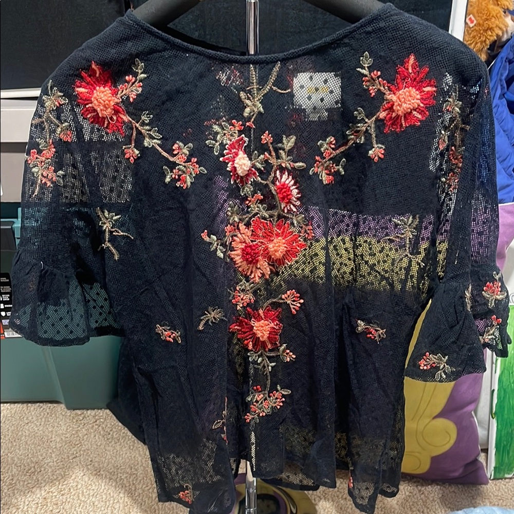 Anthropologie Floral Embroidered Black Lace Top